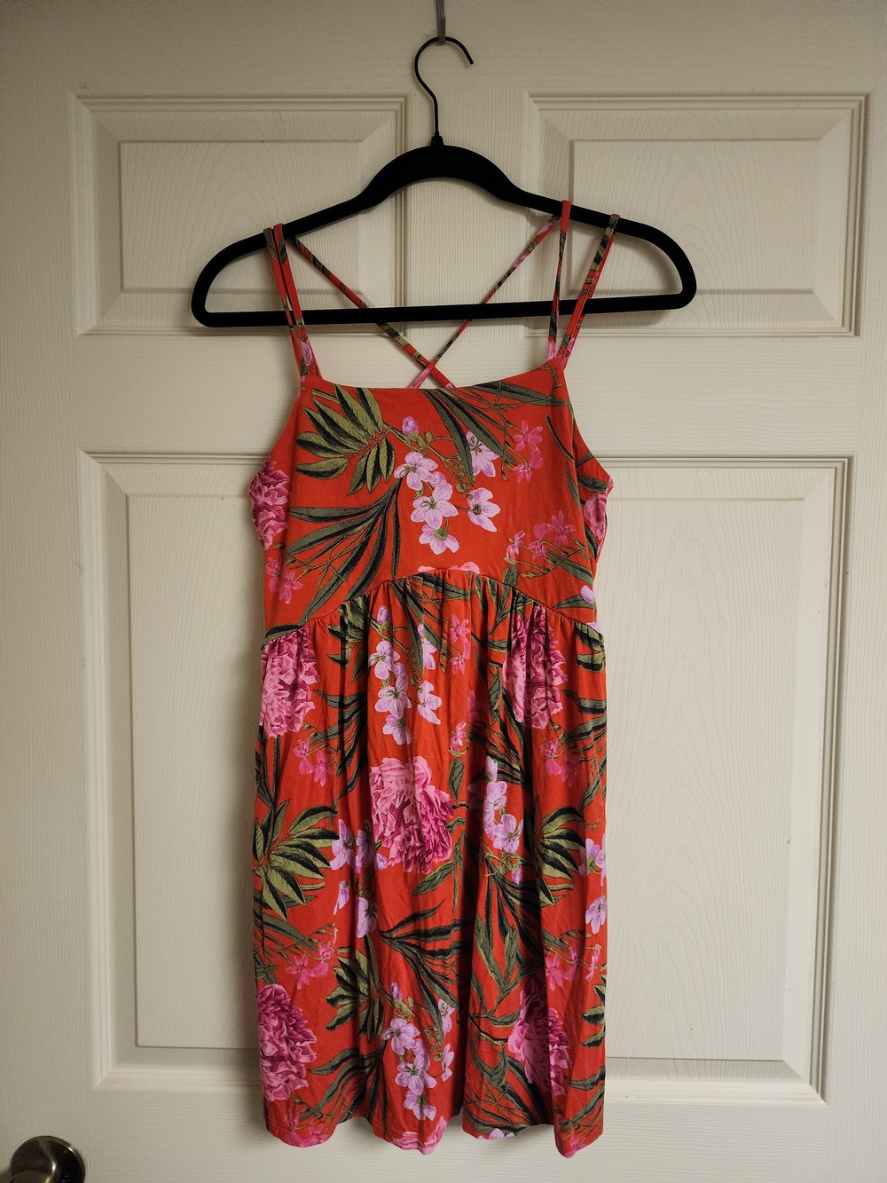 Tropical Floral Red/Orange Sundress with Pink Blooms With Pockets